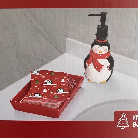 BNIB-3 Piece Set- Ceramic Penguin Soap Pump, 24 Hand Towels & Ceramic Towel Tray - Picture 4 of 16